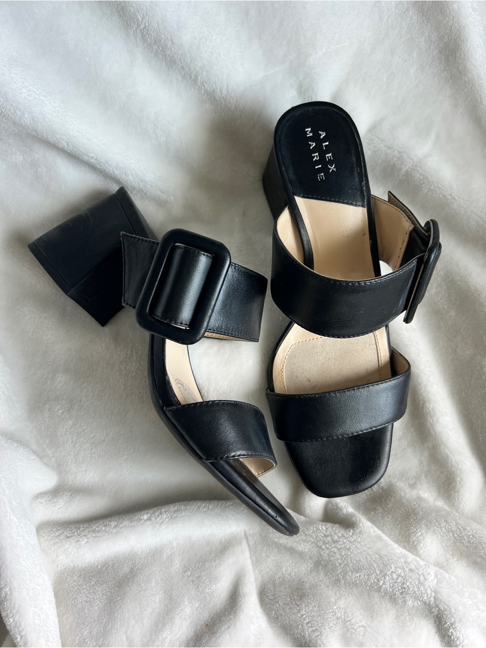 Alex Marie Black Leather Buckle Strap Block Heel Sandals